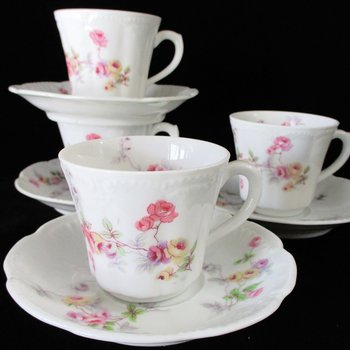 Limoges Demitasse Cups and Saucers, Set of 4, Espresso Cups, Bassett Austria, Pink Florals, Scalloped Edges