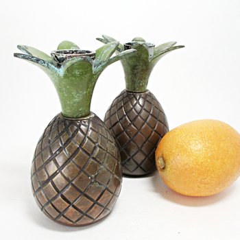Pineapple Candleholders, Heavy Brass Candle Holders, Tropical Decor, Set of 2