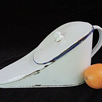 French Bedpan, White Enamelware, Blue Trim, Lidded, Large Handle. Ideal as Flower Pot, French Country Farmhouse Decor