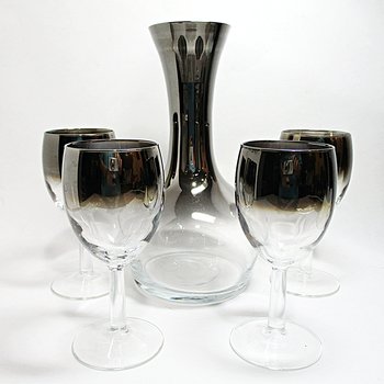 Vintage Wine Carafe and 4 Glasses, Silver Fade Decanter, Mid Century Barware, Silver Ombre, Wedding Gift