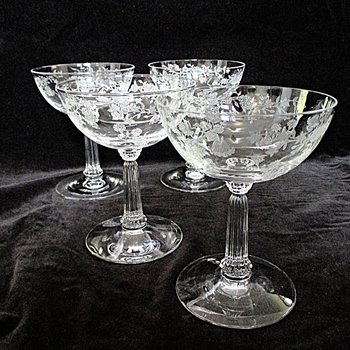 Fostoria Bouquet Champagne Coupes, Toasting Glasses, Set of 4, Bridal Stemware, Floral Design, Wedding Gift, 2 Sets Available