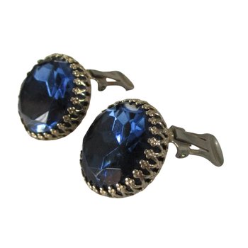 Large Blue Earrings, Round Faux Sapphire Blue Stone, Clip On Style
