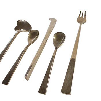 Mid Century Bar Tools, Bronze Nickel Brass, 5pc Set, Danish Modernist, Minimalist Barware