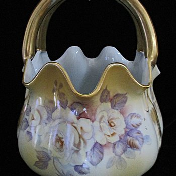 Antique Porcelain Basket, Hand Painted Florals, Gold Gilt Trims, Large and Heavy, Victorian Decor