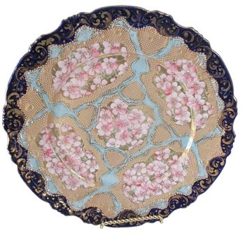 Antique Nippon Plate, Cobalt Blue and Gold Borders, Heavy Moriage, Coral, Pinks, Light Aqua, Ornate, Heavy Gold, 10 Inch Diameter