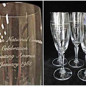 Republican National Committee Barware, Ronald Reagan, 1985, Champagne Flutes, Set of 4, Celebration Toasting America, 1985, GOP Barware