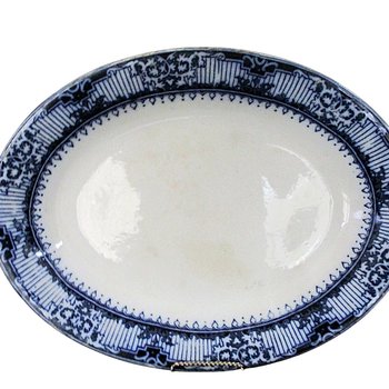 Flow Blue Platter, Lincoln Pottery, Regent Pattern, Large Deep Platter, Antique Blue White Dishes, Late 1800s
