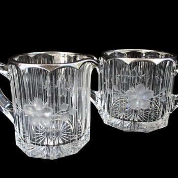 Cut Etched Crystal Cream and Sugar Bowl Set, Thick Silver Rims, Formal Dining