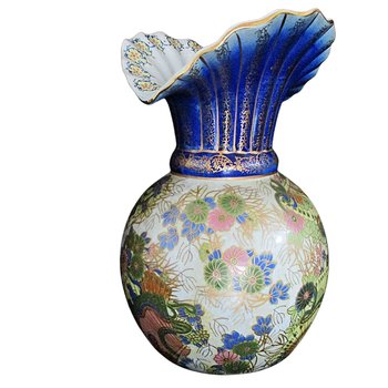 Large Asian Vase, Melon Base, Flared Ruffled Neck, Colorful on Creamy White Background, 16 by 10, Wedding Gift