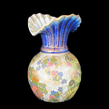 Large Asian Vase, Melon Base, Flared Ruffled Neck, Colorful on Creamy White Background, 16 by 10, Wedding Gift