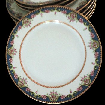 Limoges Plates, Tressemanes Vogt, TRV98, Set of 5 Salads and 4 Dessert or Bread, Blue Border, Pink Roses, Gold Edging, Accent Tablescapes