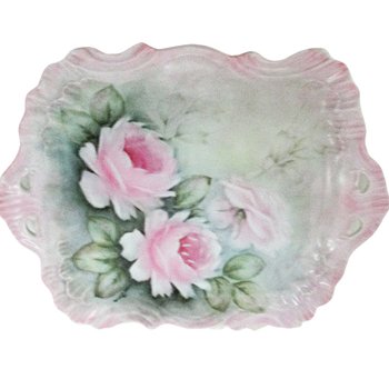 Antique Dresser Tray, Large PInk Roses, Hand Painted, Scalloped Edges, French Bedroom Decor, French Country, Farmhouse Decor