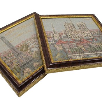Paris France, Wall Decor, Cotton Silk Threads, Eiffel Tower and Notre Dame Cathedral, Professionally Framed, French Decor