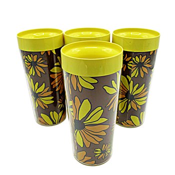 Insulated Tumblers, Plastic Drinking Glasses, Daisies, Daisy, Black Eyed Susan Pattern, Great Condition, Summer  Outdoor Tumblers, Set of 4