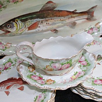 Antique Limoges France, LS & S, Coiffe Star, 13pc Fish Serving Set, 24 Inch Platter, 10 Plates, Sauce Boat and Underplate, 1891 - 1914