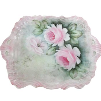 Antique Dresser Tray, Large PInk Roses, Hand Painted, Scalloped Edges, French Bedroom Decor, French Country, Farmhouse Decor