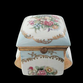 Trinket Box, Lidded and Hinged, Hand Painted, Victorian Florals, Dresser or Vanity Box, Heavy Gold Acccents, Anniversary Gift, Ring Dish