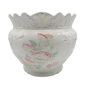 Antique Jardiniere, Doric Porcelain, Made in England, Large Planter, Light Florals, Scalloped and Deep Relief, English or French Cottage
