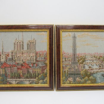 Paris France, Wall Decor, Cotton Silk Threads, Eiffel Tower and Notre Dame Cathedral, Professionally Framed, French Decor