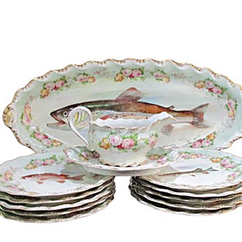 Antique Limoges France, LS & S, Coiffe Star, 13pc Fish Serving Set, 24 Inch Platter, 10 Plates, Sauce Boat and Underplate, 1891 - 1914