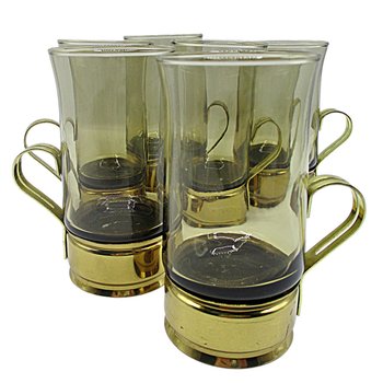 Irish Coffee Cups, Brass Holders, Smoked Glass, Beucler Tall Glass Cups with Brass Handles, Mid Century, Great Condition