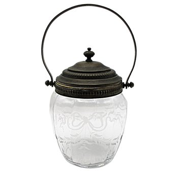 Antique Biscuit Jar, Etched Bow Design, Optic Panels, Ornate Lid and Handle, Victorian Decor