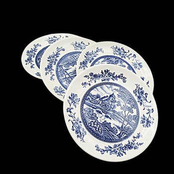 Country Farmhouse Decor, Bread or Dessert Plates, Set of 4, Blue and White Dishes, Made in Japan