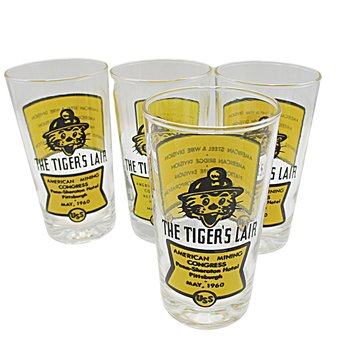The Tigers Lair, American Mining Congress, Mid Century Barware, Pittsburg 1960s, American United States, Steel and Bridge Corp, Set of 4