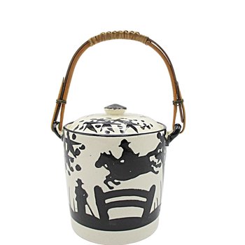 Tea Caddy, Rattan Handle, Equestrian Canister, Black and White, Fox Hunt, Horse Jumping, Marked Japan