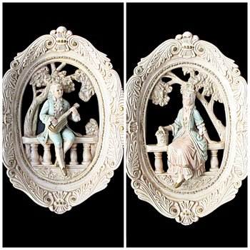 Pair of Large Victorian Couple Wall Plaques, Jayess United Inc Studio, Chicago, Park Setting, Plaster with Old Wire Hangers, 1960s