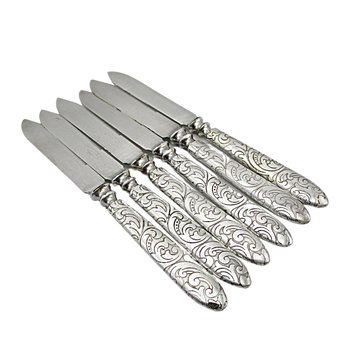 Rogers Silver Plate Arabesque Fruit Knives, Set of 6, Ornate Handles, Antique, Late 1800s