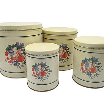 Metal Canisters, Set of 4, Hallmark 1990, Floral Decor, Beige, Stackable, Farmhouse or Country Kitchen Decor