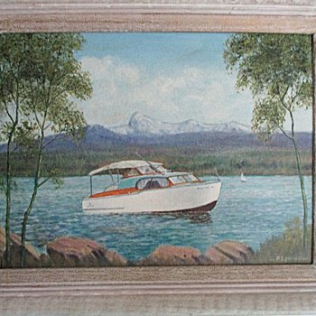 Original Oil Painting, Chris Craft Cabin Cruiser Boat, Signed and Framed, 1957 Chris Craft, Flybridge Sedan