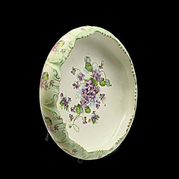 Antique Bowl or Dresser Dish Stoke on Trent England, Green with Purple Flowers, Curled Scalloped Edges, Gold Gilt Trim, 9 Inch Diameter