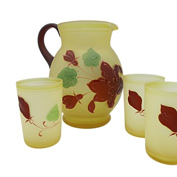 Hazel Atlas Pitcher and Juice Glasses, Frosted Yellow, Hand Painted Florals, Burgundy and Green, 4pc Set