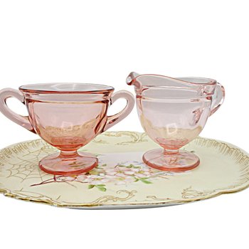 Pink Depression Glass Creamer and Sugar Bowl, Country or Farmhouse Kitchen Decor, Pink Kitchen Decor, Wonderful Condition