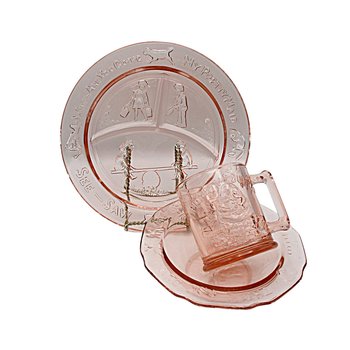 Pink Tiara Glass Toddler Childs Dish Set, Cup, Plate and Bowl, Nursery Rhymes, Baby Shower Gift, Gift for Grandchild, Wonderful Condition