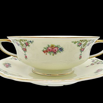 Bohemia Royal Ivory, The Myrtle, Windsor, Creme Soup Bowl and Saucer, Double Handled, Florals with Gold Trims, Made in Czechoslovakia