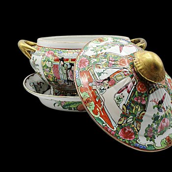 Antique Asian Tureen, Large, Lidded with Meat Platter, Geisha Design, Gold Handles, Soup Server, Beautiful, Late 1800s, Wedding Gift