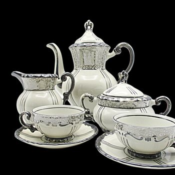 Demitasse Set, Mitterteich Bavaria, 9pcs with Teapot, Creamer, Sugar Bowl, 2 Cups, 2 Saucers, Creamy White with Deep Silver Trim, Germany