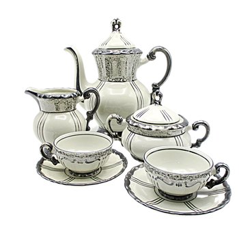 Demitasse Set, Mitterteich Bavaria, 9pcs with Teapot, Creamer, Sugar Bowl, 2 Cups, 2 Saucers, Creamy White with Deep Silver Trim, Germany