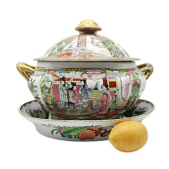 Antique Asian Tureen, Large, Lidded with Meat Platter, Geisha Design, Gold Handles, Soup Server, Beautiful, Late 1800s, Wedding Gift