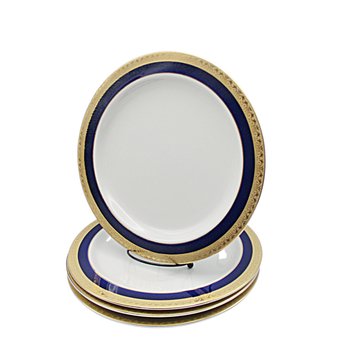 Horchow Forum Dinner Plates, Set of 4, Cobalt Blue and Gold Trim, White Centers, Multiple Sets Available, Excellent Condition, Tablescaping