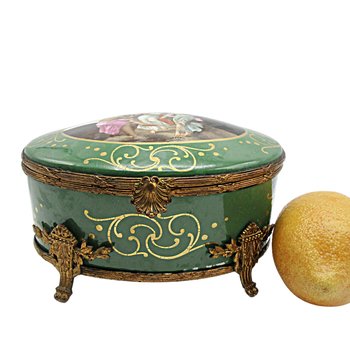 Antique Dresser Box, Jewelry Casket or Box, FBS, France, Hand Painted and Signed, Deep Green Porcelain, Brass Filigree, Footed