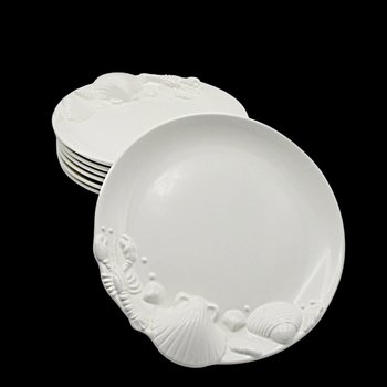 Seafood Plates, Set of 6, Beach or Tropical Decor, White, Deep Relief, Japan