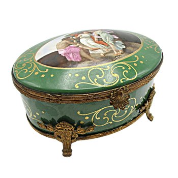 Antique Dresser Box, Jewelry Casket or Box, FBS, France, Hand Painted and Signed, Deep Green Porcelain, Brass Filigree, Footed