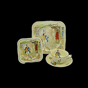 Charles Dickens Character Dish Set Mr Micawber, 4pc Set, Luncheon and Dessert Plate, Cup and Saucer, by Alfred Meakin