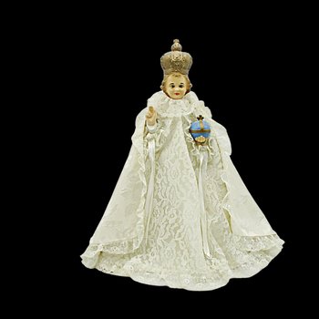 Infant of Prague Chalkware Statue with Cloak and Robe, Laced Brocade Fabric, 13 Inches Tall, Religious Statue Decor