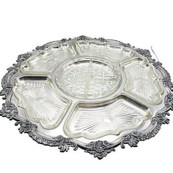 Revolving Silver Plate and Glass Hour De Vours Serving Platter, 20 Inch Diameter, Old World, Ornate Wedding or Bridal Shower