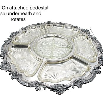 Revolving Silver Plate and Glass Hour De Vours Serving Platter, 20 Inch Diameter, Old World, Ornate Wedding or Bridal Shower